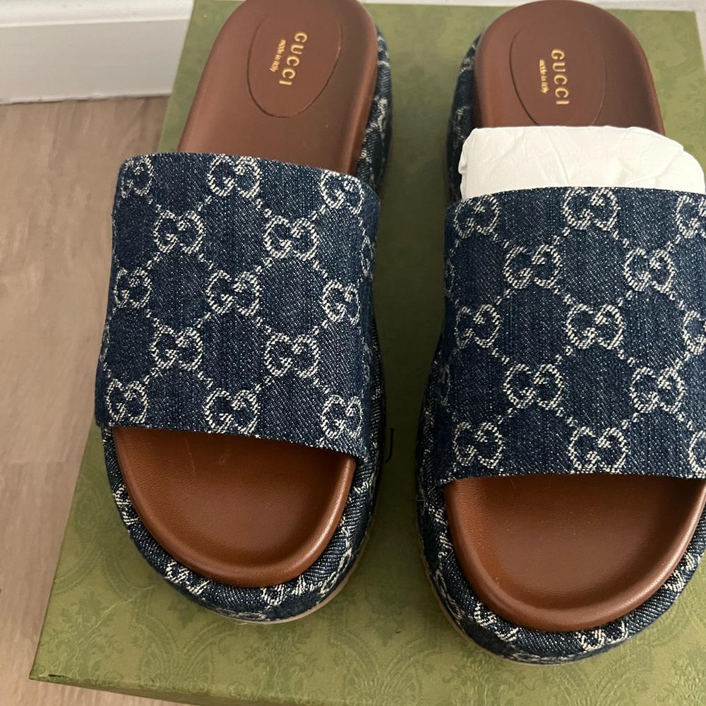 Gucci Denim GG Logo Slide Sandals in Blue and Brown